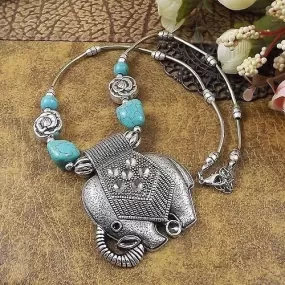 Bohemian Gypsy Silver Elephant Blue Stone Pendant Necklace