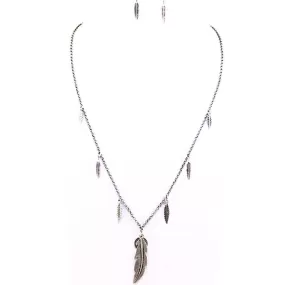 Burnished Silver Feather and Peace Sign Pendant Necklace