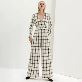 Debra Tweed Plaid V-Neck Belted Wide Leg Jumpsuit