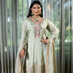 Flared Pista Green Anarkali with Intricate Leather and Thread Work