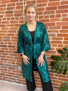 Makenna Sequin Wrap Duster in Green - FINAL SALE