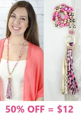 NEW ARRIVAL Pink & Cheetah beaded necklace with gold ring and tassel