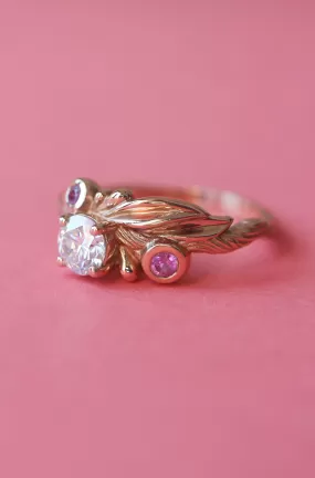 Olive branch ring with lab grown diamond and pink sapphires / Olivia