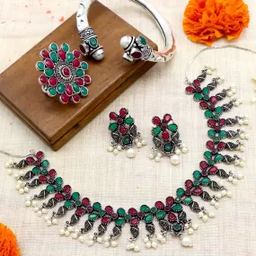 Teejh Mrigna Multicolor Stone Oxidized Silver Jewellery Gift Set