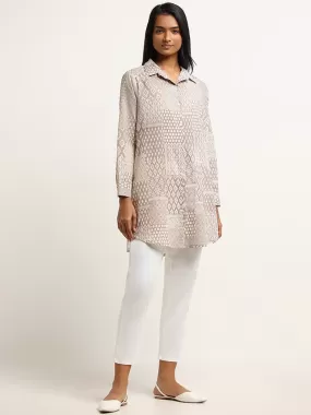 Utsa Beige Printed Patchwork Cotton Tunic